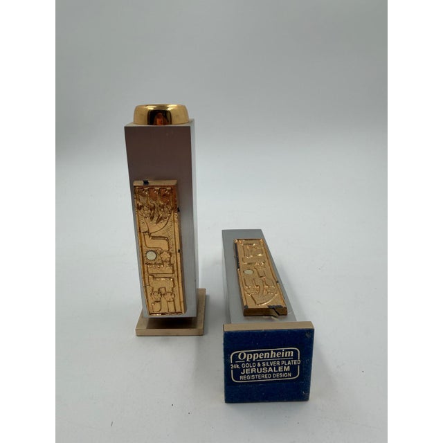 Mid-Century Jerusalem RD Candlesticks in 24k Gold Plate & Silver Plate from Oppenheim, Set of 2 For Sale - Image 6 of 16