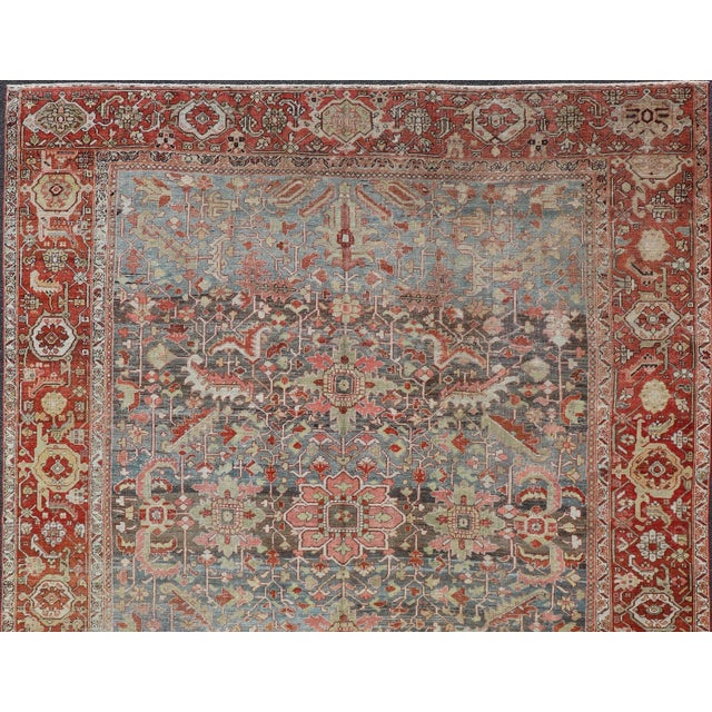 Early 20th Century Persian Antique Serapi Rug With All-Over Geometric Design in Gray-Blue and Red For Sale - Image 5 of 14
