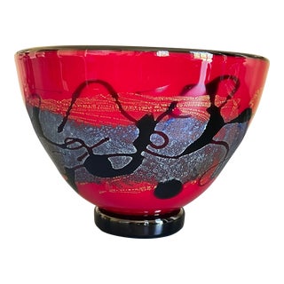 2000s Blown Art Glass Bowl by Michael Nourot in Red and Black With Blue and Gold Embellishments and Iridescent Gold Interior For Sale