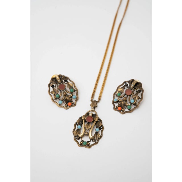 Mid-Century Modern Vintage Art Nouveau Pendant Necklace and Earring Set With Semi Precious Stones For Sale - Image 3 of 8