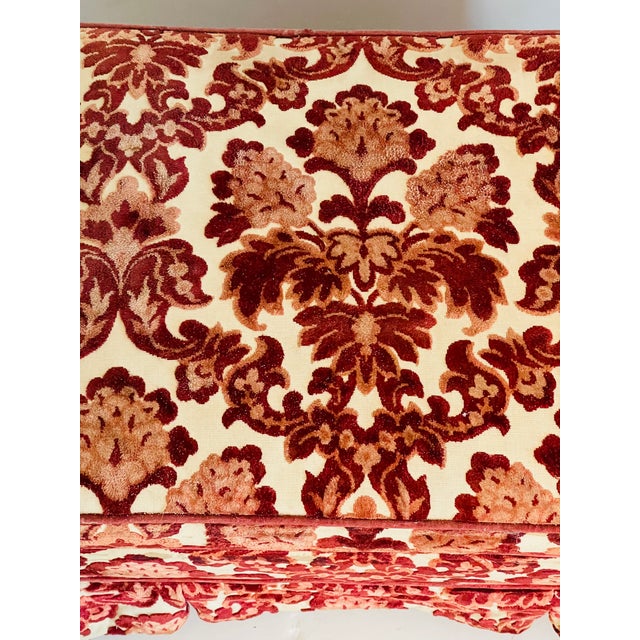 Vintage Burgundy Red Cut Velvet Ottoman Pouff on Coasters For Sale - Image 4 of 5