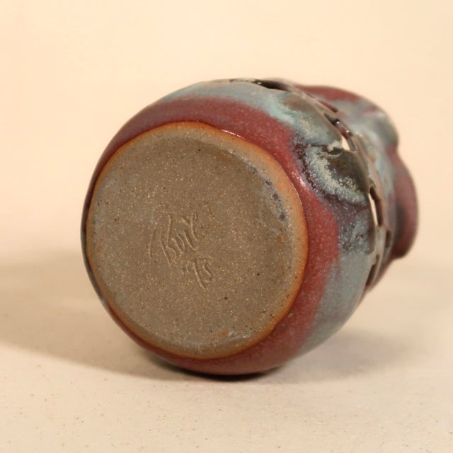 Vintage Sculptural Studio Pottery Pierced Ceramic Vessel Candle Holder With Organic Drip Glaze For Sale - Image 18 of 18