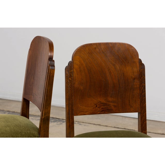 Set of 6 French Art Deco Walnut Dining Chairs in Olive Green Velvet, 1930s For Sale - Image 15 of 18