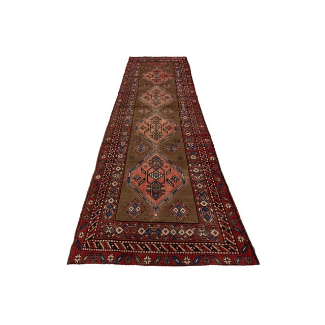 Vintage Turkish Anatolian Wool Runner Rug With Diamond Medallions in Espresso, Terracotta & Navy For Sale - Image 4 of 9