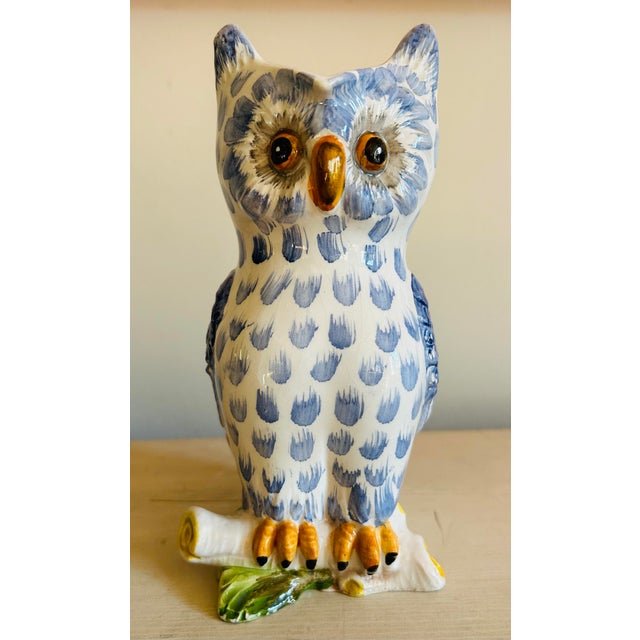 Stunning, vintage mid century, blue and white hand painted ceramic figural owl pitcher. Perfect condition, great looking...