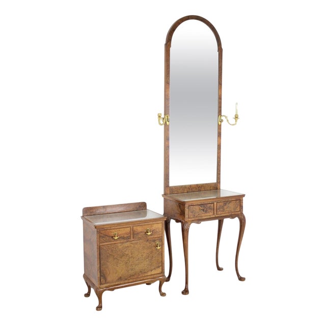 Art Deco Burr Walnut Vanity with Mirror and Cabinet, Czechoslovakia, 1920s, Set of 3 For Sale