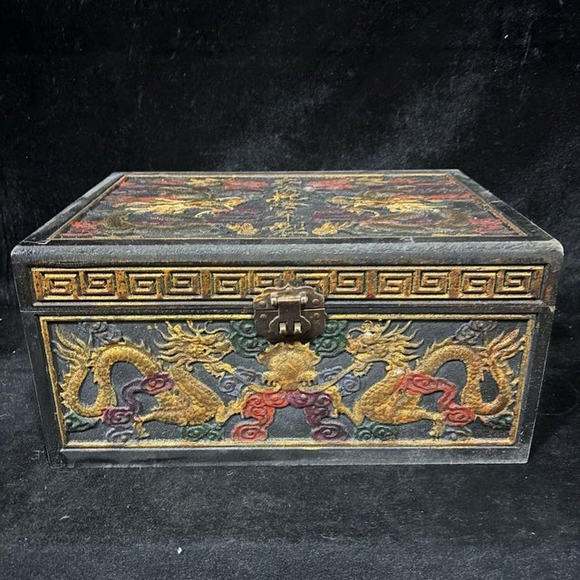 Antique Chinese Gilt Lacquered Dragon Box With Brass Clasp For Sale - Image 4 of 9