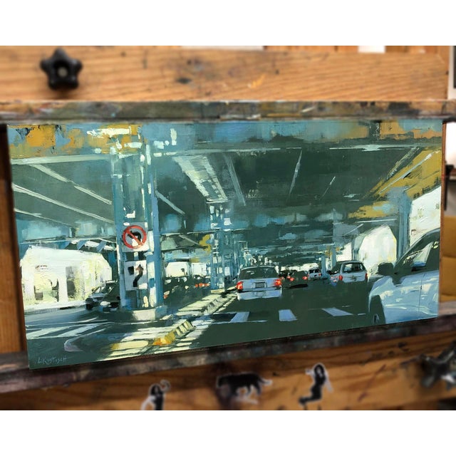 Below the Noise by Lindsey Kustusch | Oil on wood panel of a city street under an overpass For Sale - Image 4 of 5