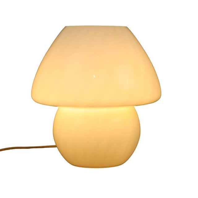 Beautiful "mushroom" table lamp in the style of murano glass, featuring characteristic diagonal stripes; marked "w.s.b."...