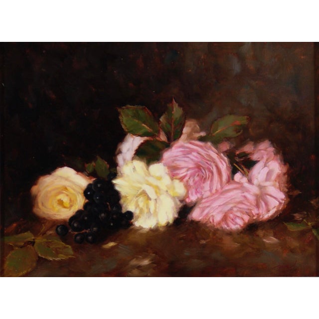 Roses with Grapes by Carla Paine | Oil on panel Still life of roses and grapes For Sale