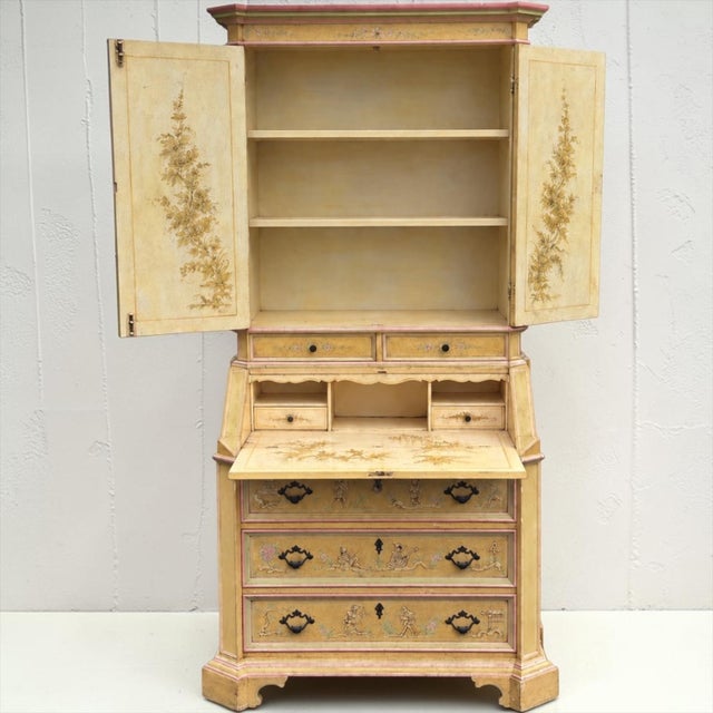 Chinoiserie Mid-Century Italian Venetian Hand Painted Chinoiserie Secretary Desk For Sale - Image 3 of 9