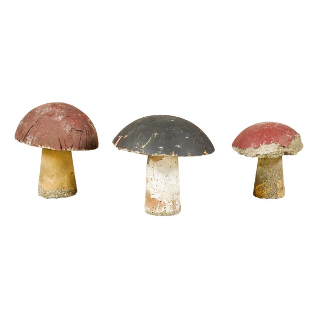 Mid 20th Century Set of Three American Midcentury Painted Concrete Mushroom Garden Ornaments For Sale