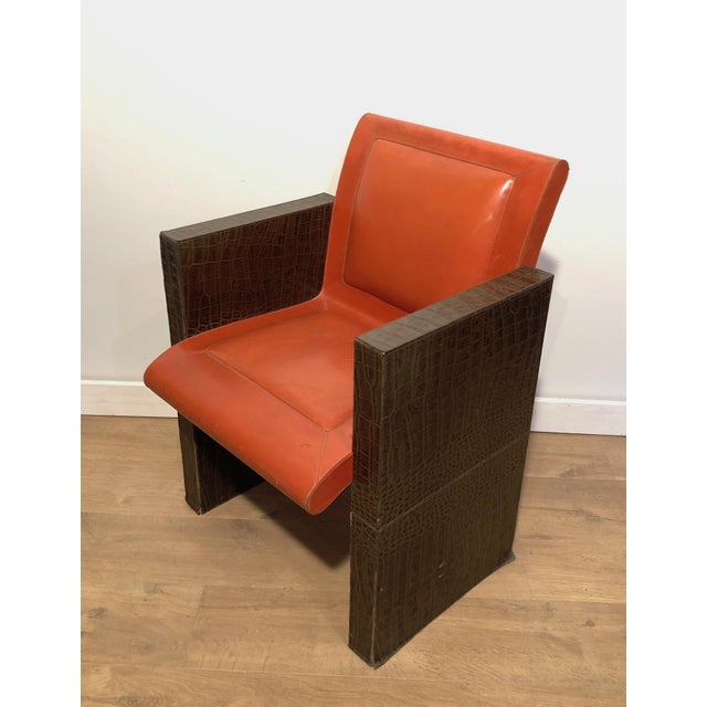 1970s Mid-Century Modern Armchairs in Orangeish and Brown Leather - a Pair For Sale - Image 6 of 12