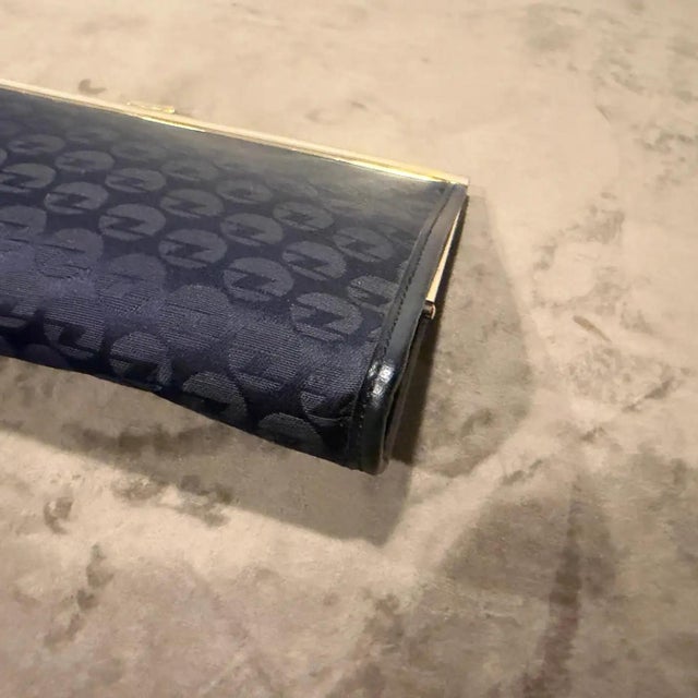 1980s Blue Fabric and Brass Italian Continuous Logo Clutch by Zenith For Sale - Image 15 of 15