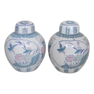 Bird & Lily Ceramic Ginger Jars, a Pair For Sale