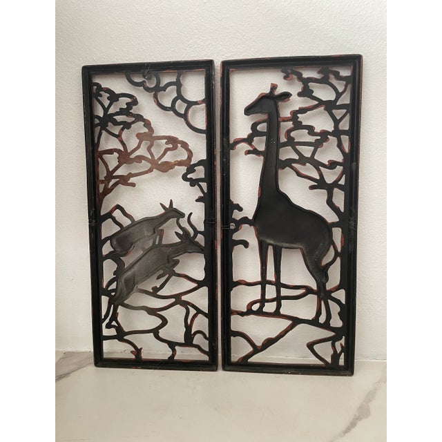 Brown Mid-Century Modern Metal Giraffe and Antelope Wall Art Sculpture Pair For Sale - Image 8 of 8