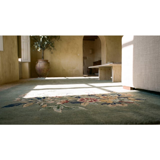 Textile 1930s Green Floral Antique Chinese Art Deco Rug 9' X 12' Handknotted Wool Carpet For Sale - Image 7 of 9
