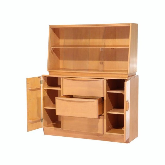 Vintage Heywood Wakefield Birch Two Piece Breakfront with Champagne Finish C1950. Measures - 58.75"H x 48.25"W x 19.25"D....