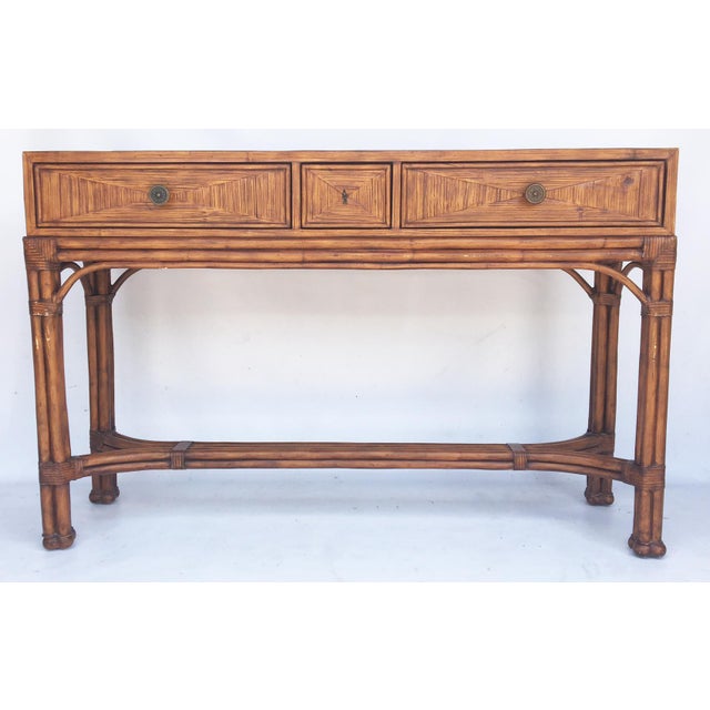 Ethan Allen Burnt Bamboo Rattan 3 Drawer Console Table Chairish