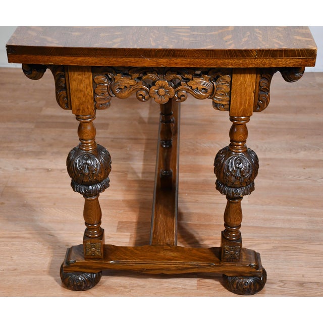 Wood 1900s Antique Tiger Oak Jacobean Style Console Table, Library Table, Desk For Sale - Image 7 of 13