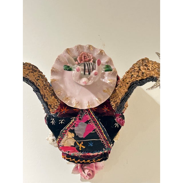 Skull Wall Sculpture With Crazy Quilt and Vintage Media For Sale - Image 4 of 9