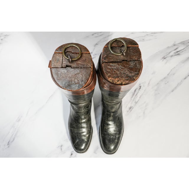 Animal Skin Authentic Brown & Black Antique English Leather Riding Boots Wood Tree Forms Horse Equestrian Country Home Decor Prop For Sale - Image 7 of 9