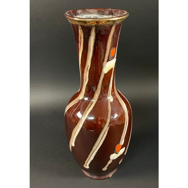 1950s Ceramic Signed Hand-Painted Vase Beautiful and elegant glazed ceramic vase in shades of brown with beautiful sinuous...