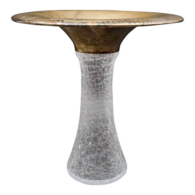 Mid 20th Century Vetri Murano Italy Signed Flared Sterling Silver Rim Crackle Glass Vase For Sale