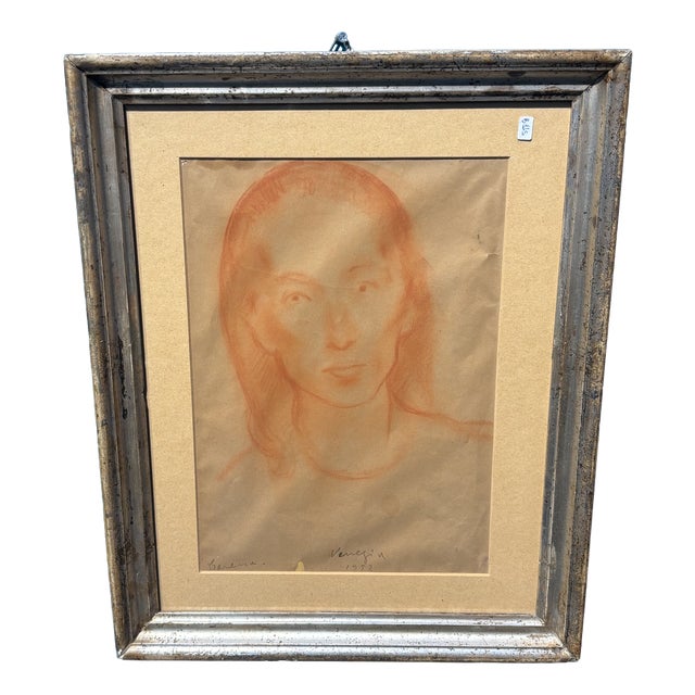Felice Carena, Face of a Girl, 1952, Red Chalk Drawing For Sale