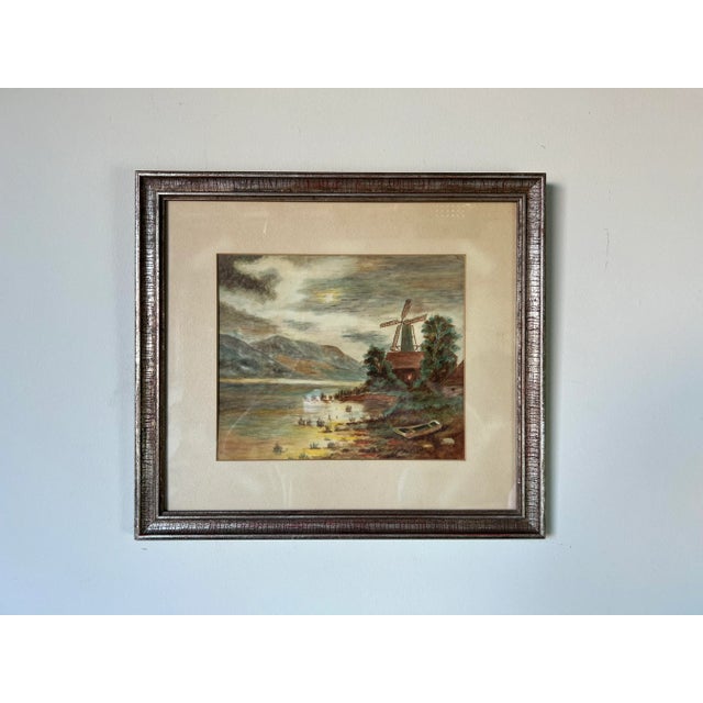 Abstract 70's Vintage A. F. Drexon Landscape Cottage Windmill at the Riverside Watercolor Painting For Sale - Image 3 of 12