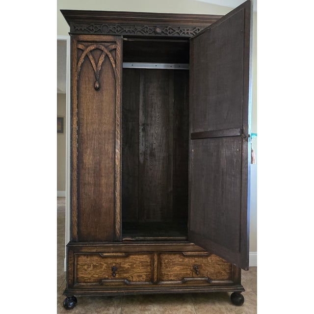 Brown Antique Victorian Gothic Revival Armoire 19th Century, Handcarved Oak For Sale - Image 8 of 17