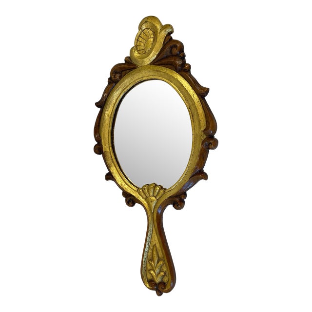 Vintage Italian Gilt Wood and Walnut Hand Mirror For Sale