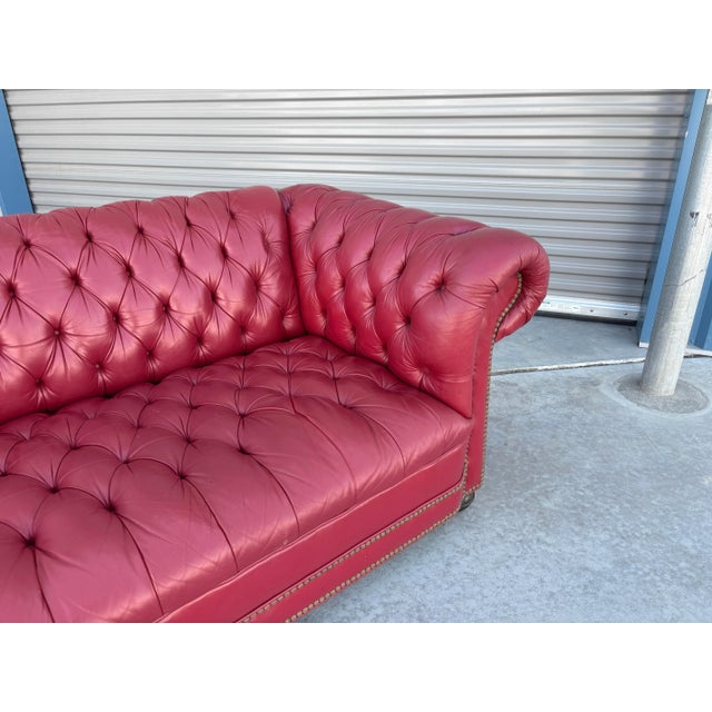 Wood 1980s Vintage Tufted Red Leather Rolled-Arm Chesterfield Sofa For Sale - Image 7 of 11
