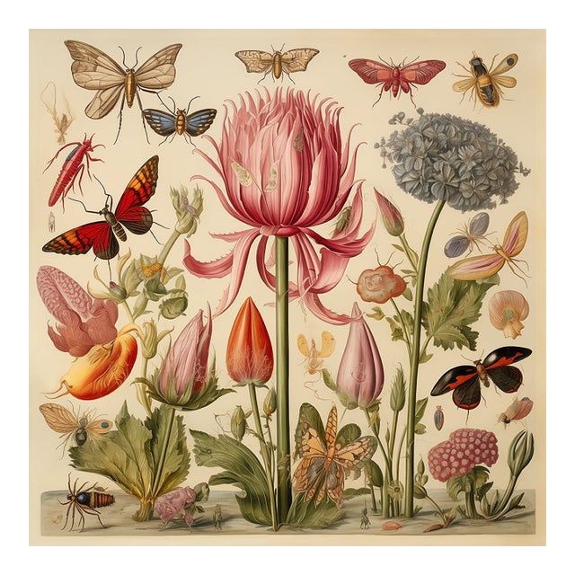 20' X 20' 'Insects and Flowers' Botanical Print, 'Hortus Floridus' Style, Unframed For Sale