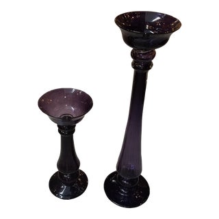 1970s Hand Blown Baluster Form Amethyst Glass Pillar Candle Holders - Set of 2 For Sale