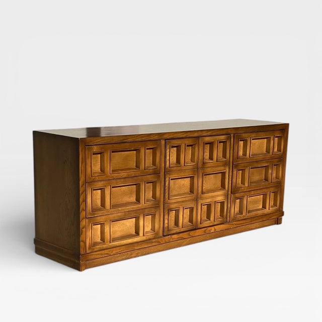 Vintage Brutalist Oak Geometric-Front Lowboy Dresser, Mid-Century For Sale - Image 4 of 18