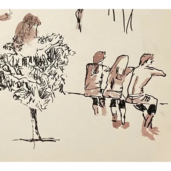 Male and female figures at a beach or pool from the estate of Florida artist Dr. Ronald Frank Yrabedra (1944-2022)....