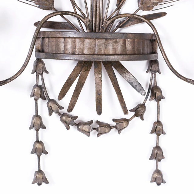 Metal Italian Metal Wall Sconces With Cattails and Leaves - a Pair For Sale - Image 7 of 10