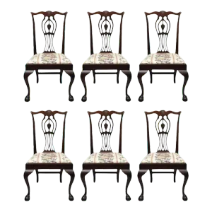 Early 20th Century Antique Chippendale Style Mahogany Ball and Claw Dining Side Chairs - Set of 6
