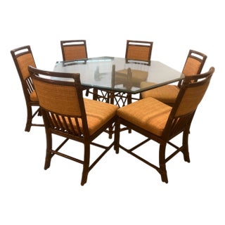 1960s McGuire Glass-Top Dining Table and Chairs – 7 Pieces For Sale
