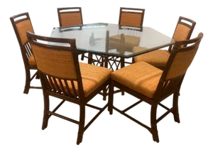 1960s McGuire Glass-Top Dining Table and Chairs – 7 Pieces
