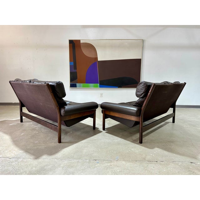 Mid Century Scandinavian Arne Norell Style Leather and Beech Loveseat Pair For Sale - Image 10 of 10