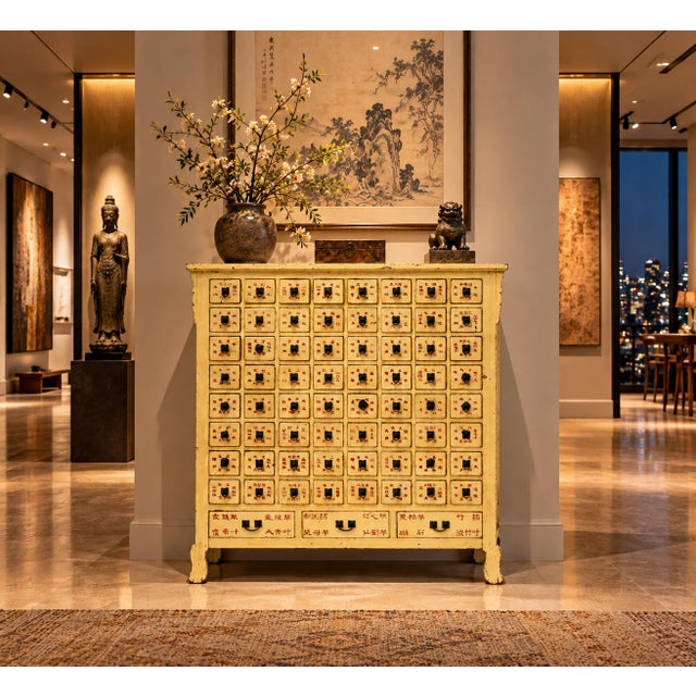 19th Century Chinese Apothecary Medicine Cabinet Yellow Lacquer 67 Drawers For Sale - Image 4 of 18