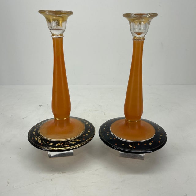 1930s 1930s Charles Schneider Style Art Deco Pressed Orange Glass Candlesticks - A Pair For Sale - Image 5 of 12