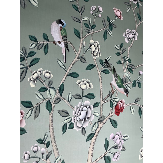 Not Yet Made - Made To Order Sage Green Chinoiserie Mural | 10-Panel Hand-Painted Floral & Bird Wallpaper For Sale - Image 5 of 5