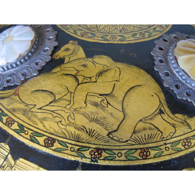 Paint Indian Ceremonial Rajput Dhal Shield Intricate Gold Painted Hunting Scenes For Sale - Image 7 of 18
