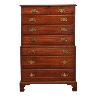Henkel Harris Georgian Solid Cherry Wood Eight-Drawer Highboy Dresser, Circa 1970s For Sale