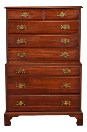 Henkel Harris Georgian Solid Cherry Wood Eight-Drawer Highboy Dresser, Circa 1970s