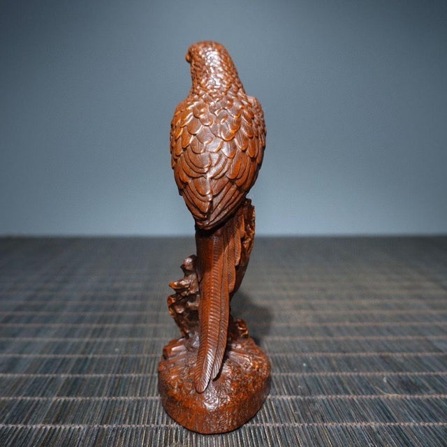 Hand-Carved Boxwood Parrot Figurine on Wooden Base - Asian Sculpture For Sale - Image 9 of 9