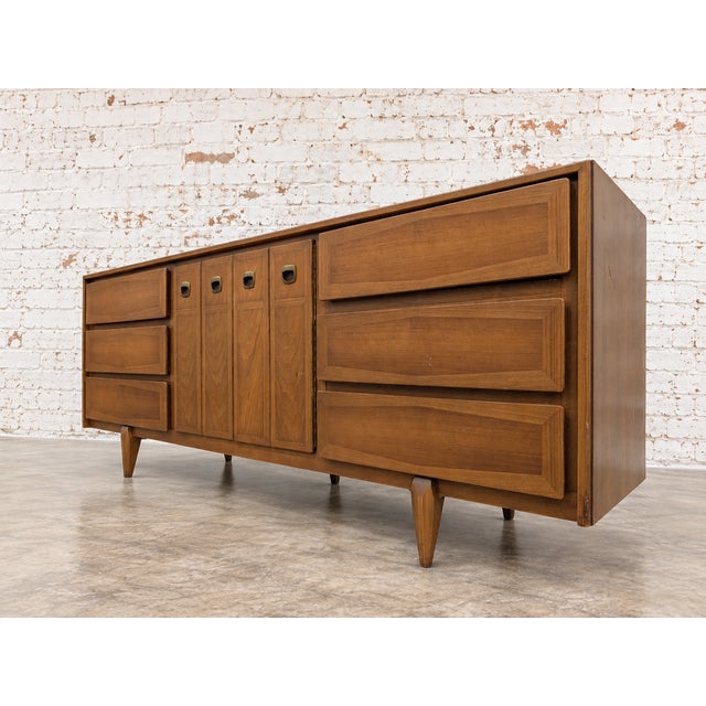 Wood Vintage MCM American of Martinsville Solid Wood 9 Drawer Triple Dresser For Sale - Image 7 of 8